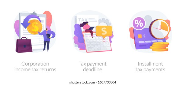 Tax payment conditions flat icons set. Deductible revenue. Corporation income tax returns, tax payment deadline, instalment tax payments metaphors. Vector isolated concept metaphor illustrations