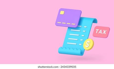 Tax payment with credit debit card receipt invoice banner copy space 3d icon realistic vector illustration. Financial paying and accounting e money approved transaction business commercial shopping