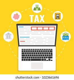Tax payment. Data analysis, paperwork, financial research report. Calculation tax on the laptop. Finance icons set. Vector illustration.