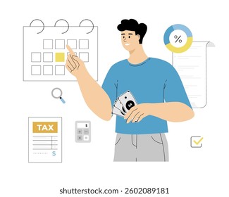 Tax payment. Data analysis, paperwork, financial research, report. Man with tax form, calendar, calculator, envelope, magnifier. Vector illustration on isolated white background.	
