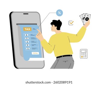 Tax payment. Data analysis, paperwork, financial research, report. Man with tax bill on big phone screen, calculator, cash. Vector illustration on isolated white background.	
