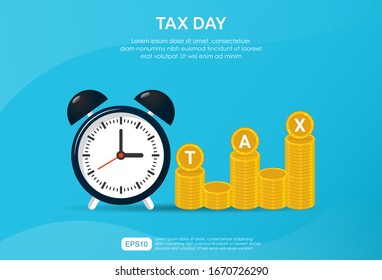 Tax payment day concept. Clock and money coin stack with blue background. Vector illustration