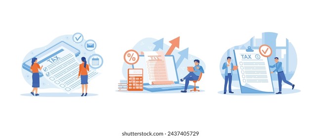 Tax payment deadline. Calculating income and checking tax virtual documents. Tax payment preparation. Tax Audit concept. Set flat vector illustration.