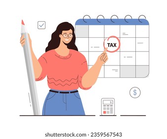 Tax payment deadline, planning payments on calendar schedule, calculation. Concept of regular monthly tax or credit bill pay planning. Woman with big pencil. Cartoon flat vector illustration.