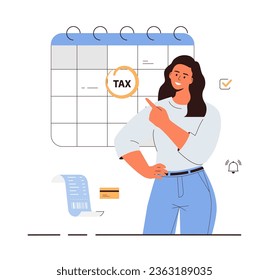 Tax payment deadline, planning payments on calendar schedule, calculation. Concept of regular monthly tax or credit bill pay planning. Woman with calendar. Cartoon flat vector illustration.