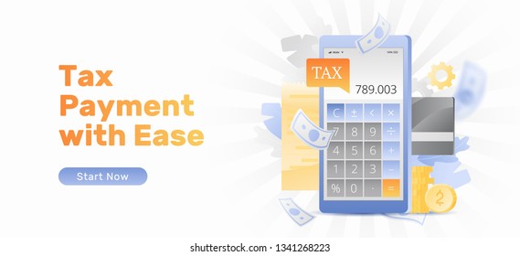 Tax payment with ease vector banner template  with calculator app on cellphone screen, Tax bill, and debit card. Modern stylish flat design with gradients.