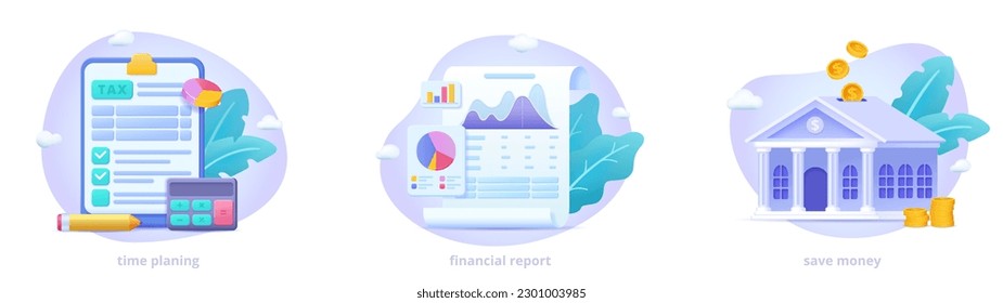 Tax payment, financial report, save money, banking vector illustration collection. Vector scene set in modern three dimensional style. 3d illustrations for landing page, banner, website.