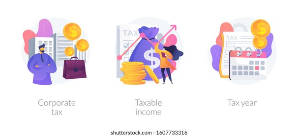 Tax payment flat icons set. Company auditing. Bookkeeping and accounting, finance analytics. Corporate tax, taxable income, tax year metaphors. Vector isolated concept metaphor illustrations