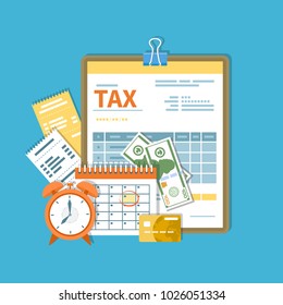 Tax Payment. Government, State Taxes. Payment Day. Tax Form On A Clipboard, Financial Calendar, Clock, Money, Cash, Credit Card, Invoices.  Payday Icon. Vector Illustration.