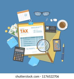 Tax payment. Government, State taxes. Payment day. Tax form on a clipboard, financial calendar, money, cash, credit card, folder, calculator, wallet. Payday icon. Vector illustration.