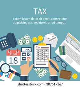 Tax payment. Government, state taxes. Data analysis, paperwork, financial research, report. Businessman calculation tax return. Flat design. Form vector. Payment of debt.