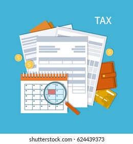 Tax payment. Government, State taxes. Payment day. Tax form, financial calendar, magnifying glass, money, gold coins, purse, credit card, invoices. Payday icon. Vector illustration.