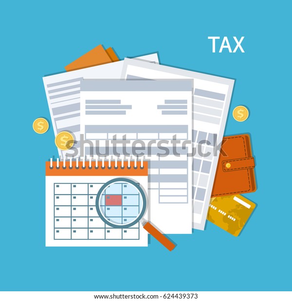 Tax payment.\
Government, State taxes. Payment day. Tax form, financial calendar,\
magnifying glass, money, gold coins, purse, credit card, invoices.\
Payday icon. Vector\
illustration.