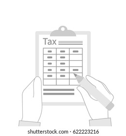 Tax payment icon. Data analysis, paperwork, financial research, report. Businessman holding clipboard in hand silhouette. Flat design vector illustration. Form pay ment of debt. 