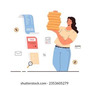 Pago de impuestos, fecha de reembolso del préstamo, facturas y cheques. Una mujer con un montón de monedas de oro paga. Dibujo vectorial plano de dibujos animados.	
