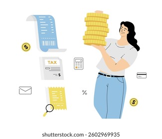Tax payment, loan repayment date, pay bills and checks. Woman with a stack of gold coins makes repayment. Vector illustration on isolated white background.	
