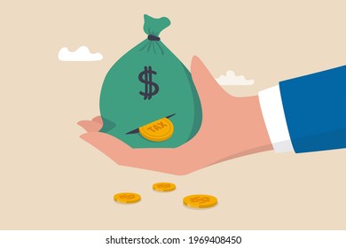 Tax payment or losing money without tax planning concept, businessman hand holding big money bag of revenue been slitted with dollar coin loss with the word tax.