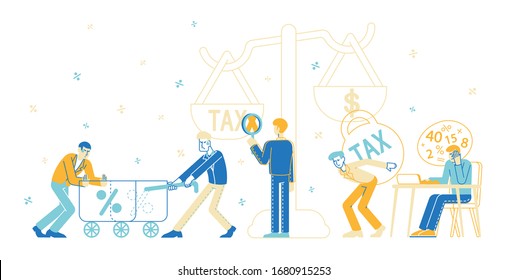 Tax Payment Obligation Concept. Group of Business People Characters near Huge Scales with Tax and Money Weight, Businessmen Burden Taxation, Bank Loan, Financial Debt. Linear Vector Illustration