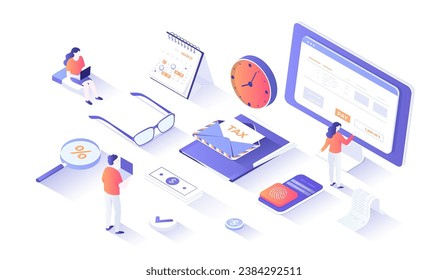 Tax payment. Online Tax form filling, return. Calculating payment check. Finance budget planning and accounting. Isometry illustration with people scene for web graphic.	
