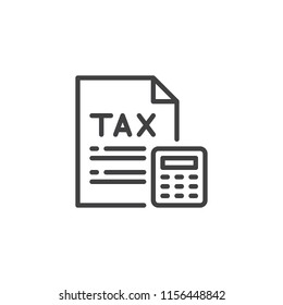 Tax Payment Outline Icon. Linear Style Sign For Mobile Concept And Web Design. Tax Document And Calculator Simple Line Vector Icon. Symbol, Logo Illustration. Pixel Perfect Vector Graphics