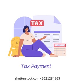 Pagamento de Imposto. As pessoas pagam impostos com uma calculadora. Serviço de administração financeira. Conjunto de gestão financeira, dívida, deveres, auditoria e contabilidade. Ilustração vetorial para interface do usuário, faixa
