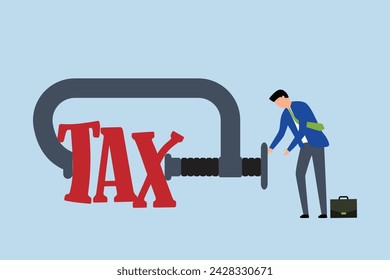 Tax payment reduction, Businessman with extensive experience managing money uses clamping to constrict the term tax metaphor of reduction.