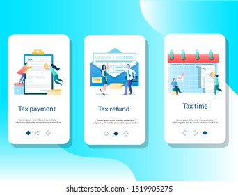 Tax payment, refund and tax time mobile app onboarding screens. Menu banner vector template for website and application development. Taxes and taxation.