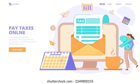 Tax payment, tax return, Design concept for site, financial report,accountant service. Flat vector illustration with characters for website, banner, landing page.