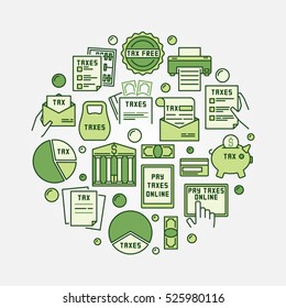Tax payment round illustration. Vector colorful pay taxes circular symbol made with green flat tax icons