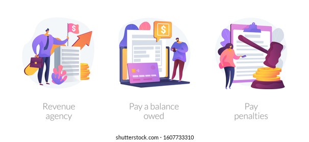 Tax payment stages. Tax office visiting, debt paying, fine and surcharge repayment. Revenue agency, pay a balance owed, pay penalties metaphors. Vector isolated concept metaphor illustrations.