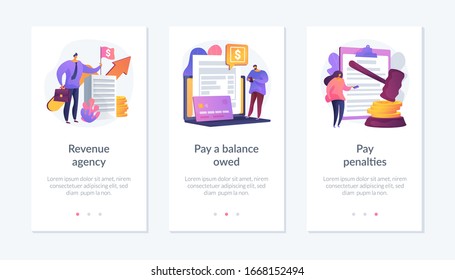 Steuerzahlungsphasen. Besuchen Sie das Steueramt, bezahlen Sie Schulden, bezahlen Sie Geldbußen und erheben Sie den Aufpreis. Revenue-Agentur, bezahlen einen Saldo schuldet, zahlen Strafen Metaphern. Mobile App UI-Benutzeroberfläche, Wireframe-Vorlage.