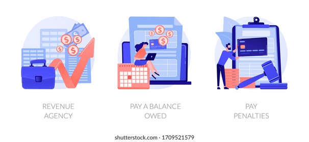 Tax payment stages. Tax office visiting, debt paying, fine and surcharge repayment. Revenue agency, pay a balance owed, pay penalties metaphors. Vector isolated concept metaphor illustrations.