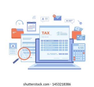 Tax payment. State Government taxation, calculation of tax return. Tax form, financial calendar, magnifying glass, money, credit card, invoices. Vector illustration on white background.