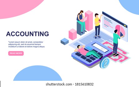 Tax payment time, financial annual accounting business concept . Vector 3d isometric illustration for web landing page, banner or poster design. Man calculates taxes rate. EPS