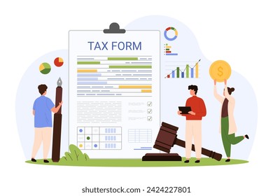 Tax payment. Tiny people work with tax form paper document and financial charts, data reports of bank account, experts accountants check electronic statement with pen cartoon vector illustration