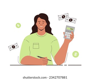 Tax payment vector illustration. Government taxation concept. Data analysis, paperwork, financial research, report. Woman accountant calculate Individual income tax.	
