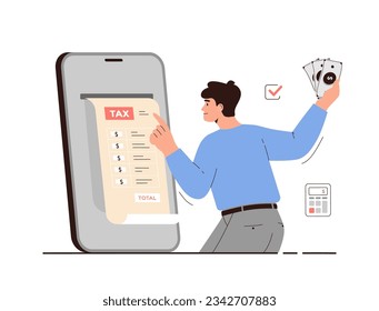 Tax payment vector illustration. Government taxation concept. Data analysis, paperwork, financial research, report. Man with tax bill on big phone screen, calculator, cash.	
