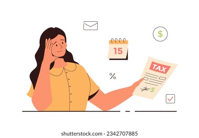 Tax payment vector illustration. Government taxation concept. Data analysis, paperwork, financial research, report. Woman reviewing state tax return form.	
