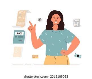 Tax payment vector illustration. Personal financial account, notifications, invoicing. Woman count and pay taxes on time without stress.	
