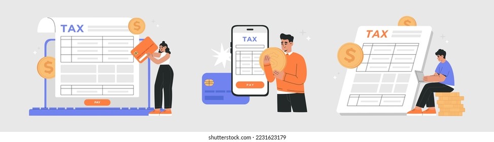 Pago de impuestos, conjunto de ilustraciones vectoriales. Llenar formulario de impuestos en línea, papeleo, análisis y cálculo de la declaración de impuestos. Ilustración vectorial dibujada a mano aislada en el fondo, estilo moderno de caricatura plana.
