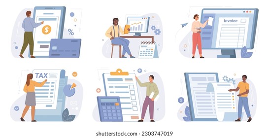 Tax payment vector illustration set. People with invoice tax bills, financial annual accounting, calculating and paying, budget analysis and transactions, payrolls flat cartoon