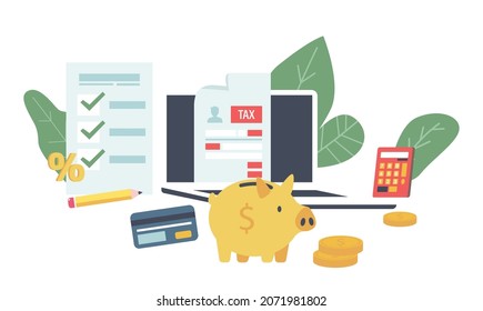 Tax Payment via Internet, Online Government Service Concept. Laptop, Tax Form, Piggy Bank, Calculator and Coins. Financial Calendar, Checklist, Credit Card, Invoices. Cartoon Vector Illustration