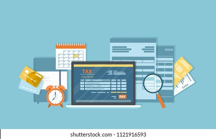 Tax payment via laptop. Mobile payment service. Government, State taxes. Tax form, financial calendar, magnifying glass, money, gold coins, credit card, invoices, alarm clock. Vector background.