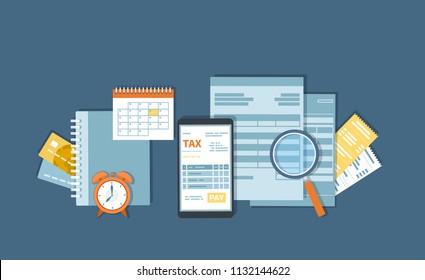 Tax payment via phone. Mobile payment service. Government, State taxes. Tax form, financial calendar, magnifying glass, bills, checks, credit card, invoices, alarm clock. Vector background.