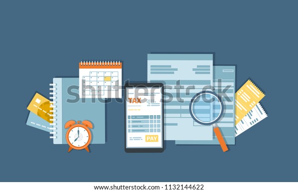 Tax payment via phone. Mobile payment\
service. Government, State taxes. Tax form, financial calendar,\
magnifying glass, bills, checks, credit card, invoices, alarm\
clock. Vector background.