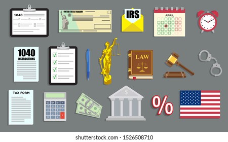 Tax period vector illustration set with IRS papers and judgement items in flat style. Individual Income Tax Return