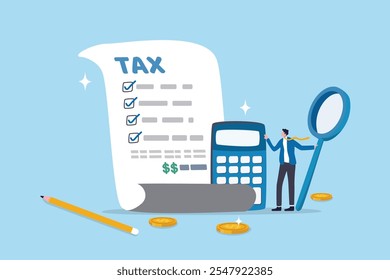 Tax planning, financial strategy for tax optimization, reduction or refund, income or revenue management, taxation or calculation concept, businessman with magnifying glass analyze tax plan document.