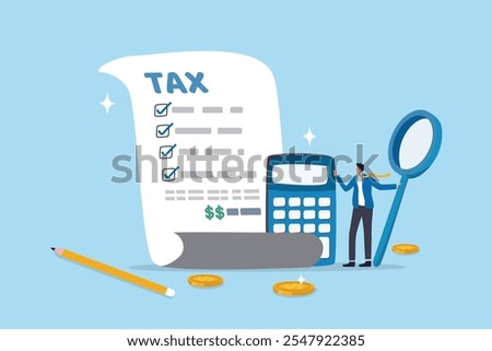 Tax planning, financial strategy for tax optimization, reduction or refund, income or revenue management, taxation or calculation concept, businessman with magnifying glass analyze tax plan document.