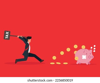 Tax planning mistake. Businessman holding a hammer runs to break a piggy bank