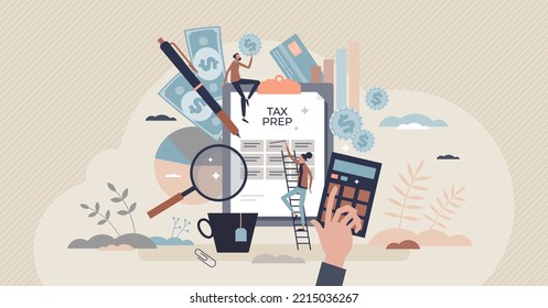 Tax prep or preparation of financial taxation refund tiny person concept. April paperwork service with accountant calculations and money payment review vector illustration. Income return form analysis